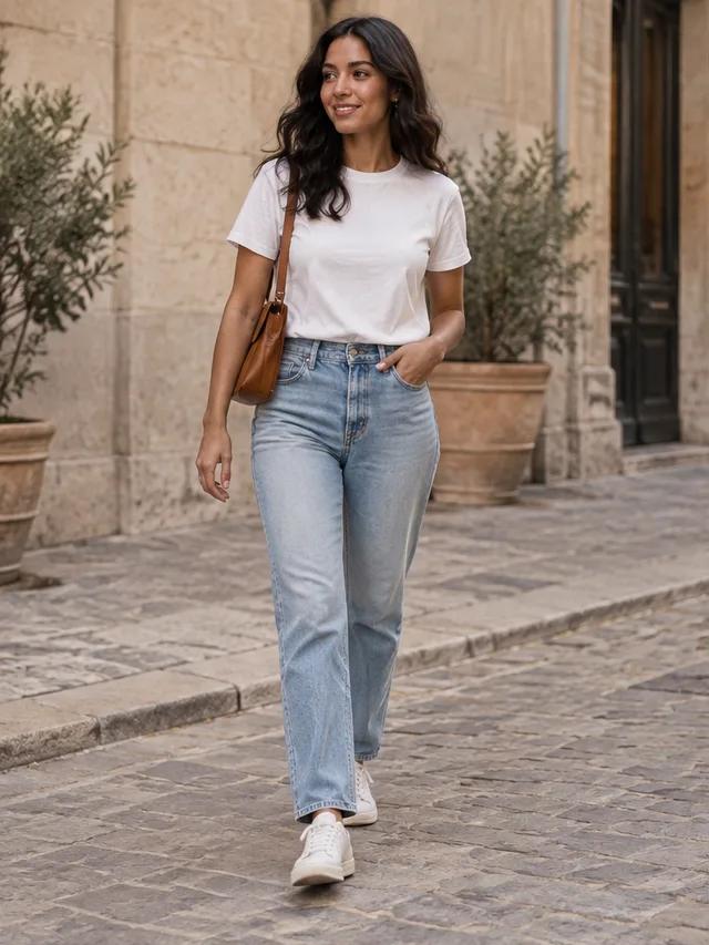 Try-on preview of a white t-shirt with straight-leg jeans
