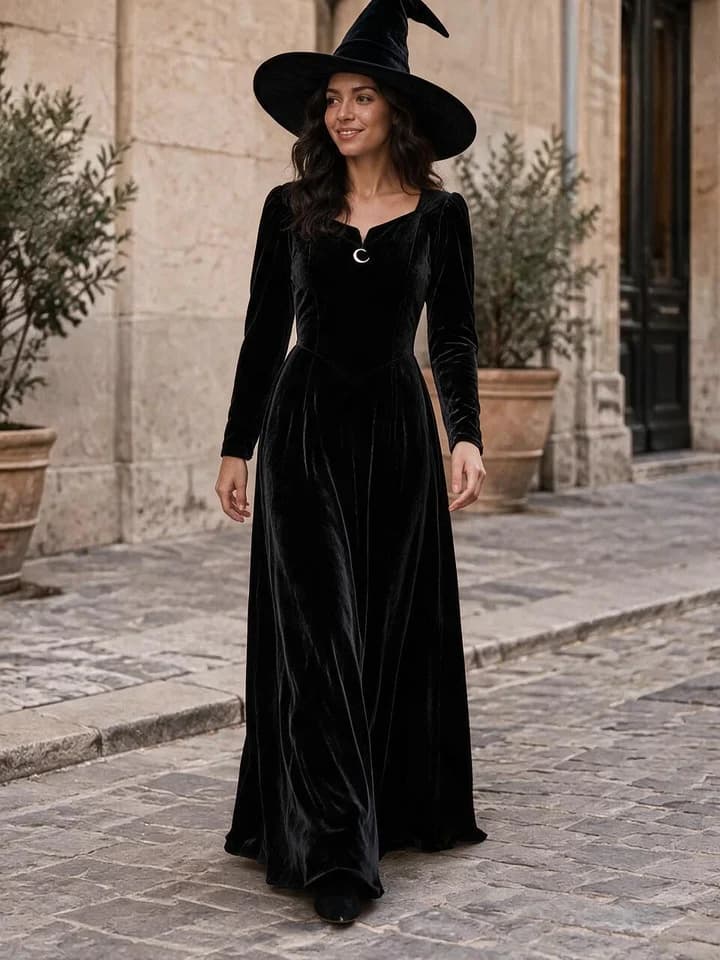 AI costume preview of the same woman wearing a black velvet witch costume and pointed hat