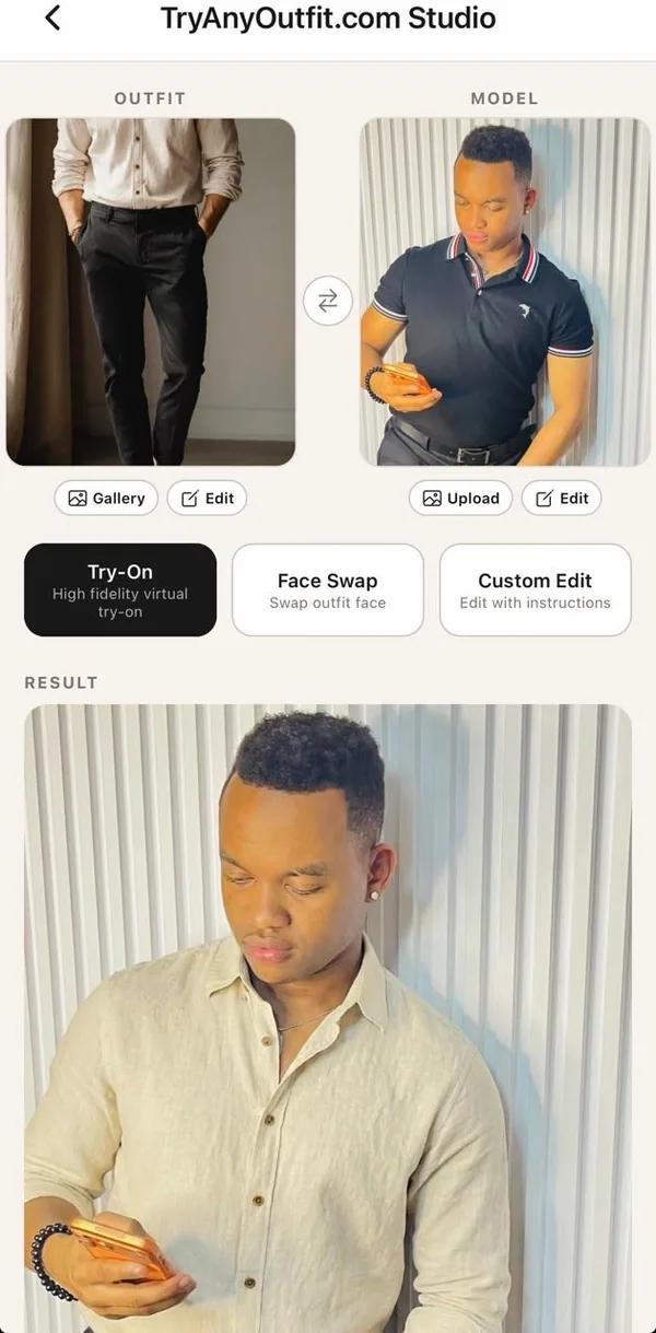 TryAnyOutfit Studio showing separate person and outfit photo inputs