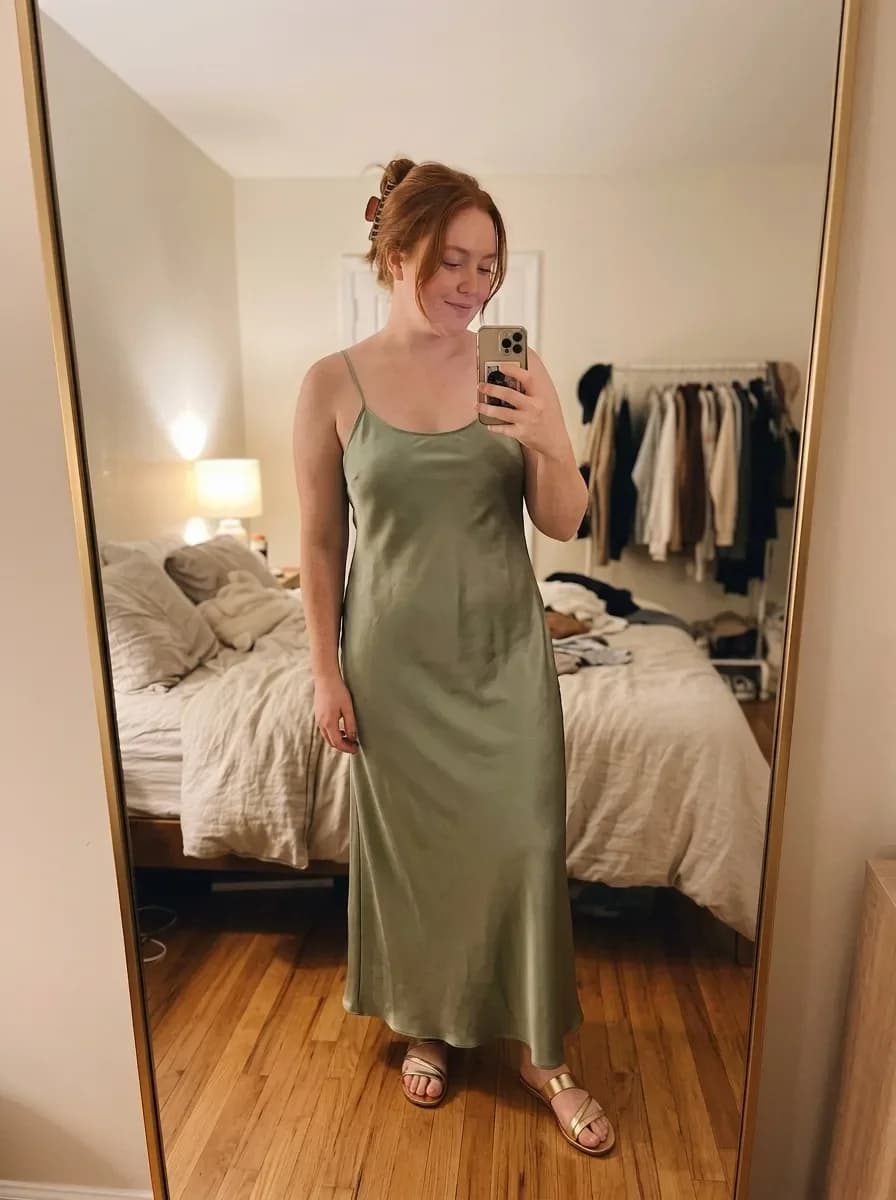 ButtonUp's official mirror-selfie example with a sage-colored dress
