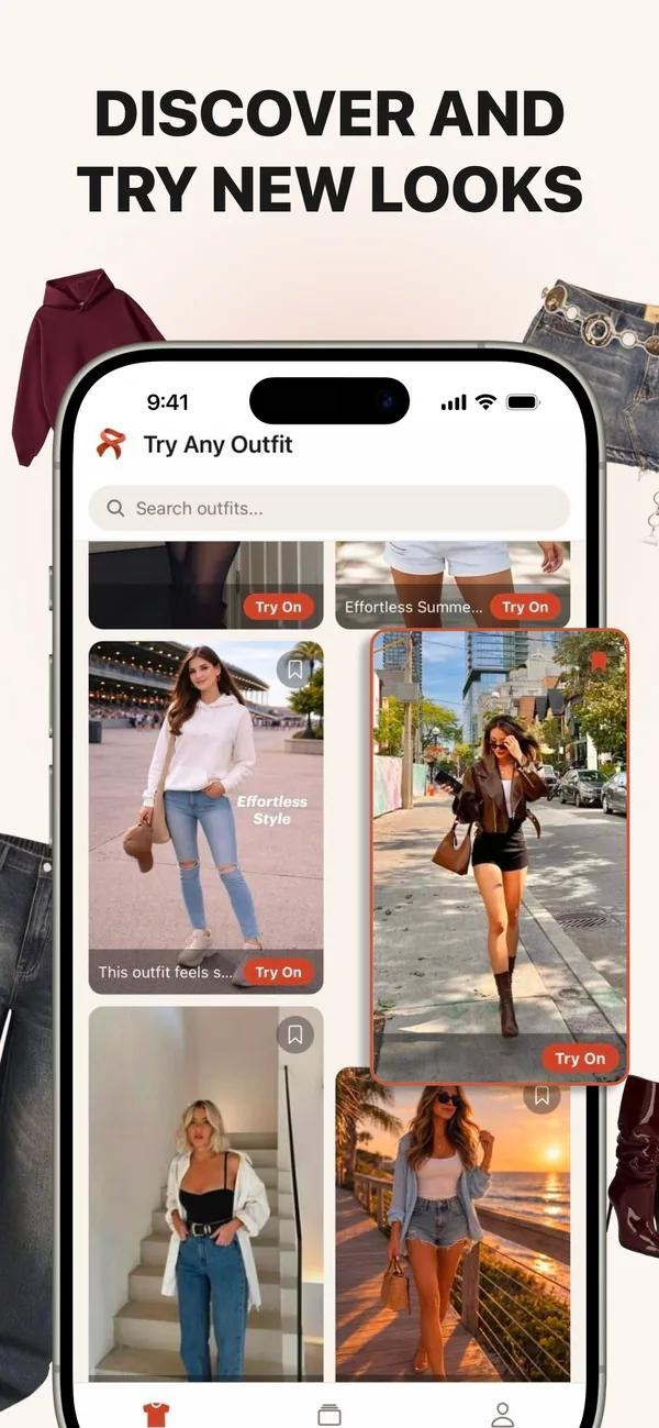 TryAnyOutfit discover feed showing outfit inspiration