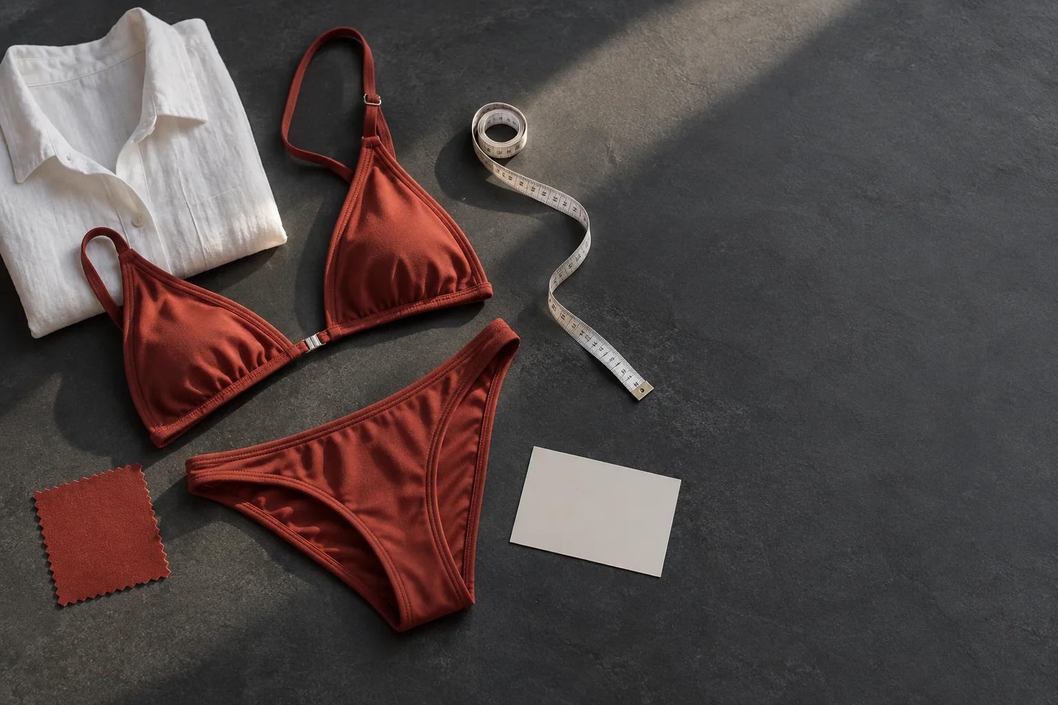 Bikini try on free preparation with a rust bikini, measuring tape and linen shirt