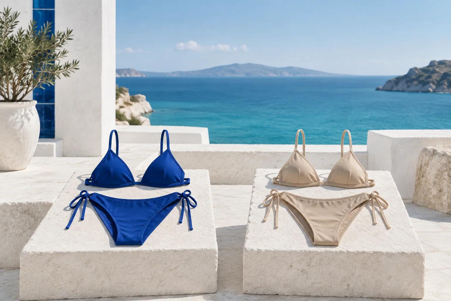 Yapay zeka bikini giydirme için mavi ve kum rengi bikini karşılaştırması