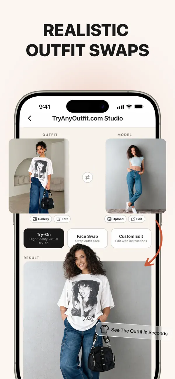 TryAnyOutfit screen for choosing clothing and a personal photo