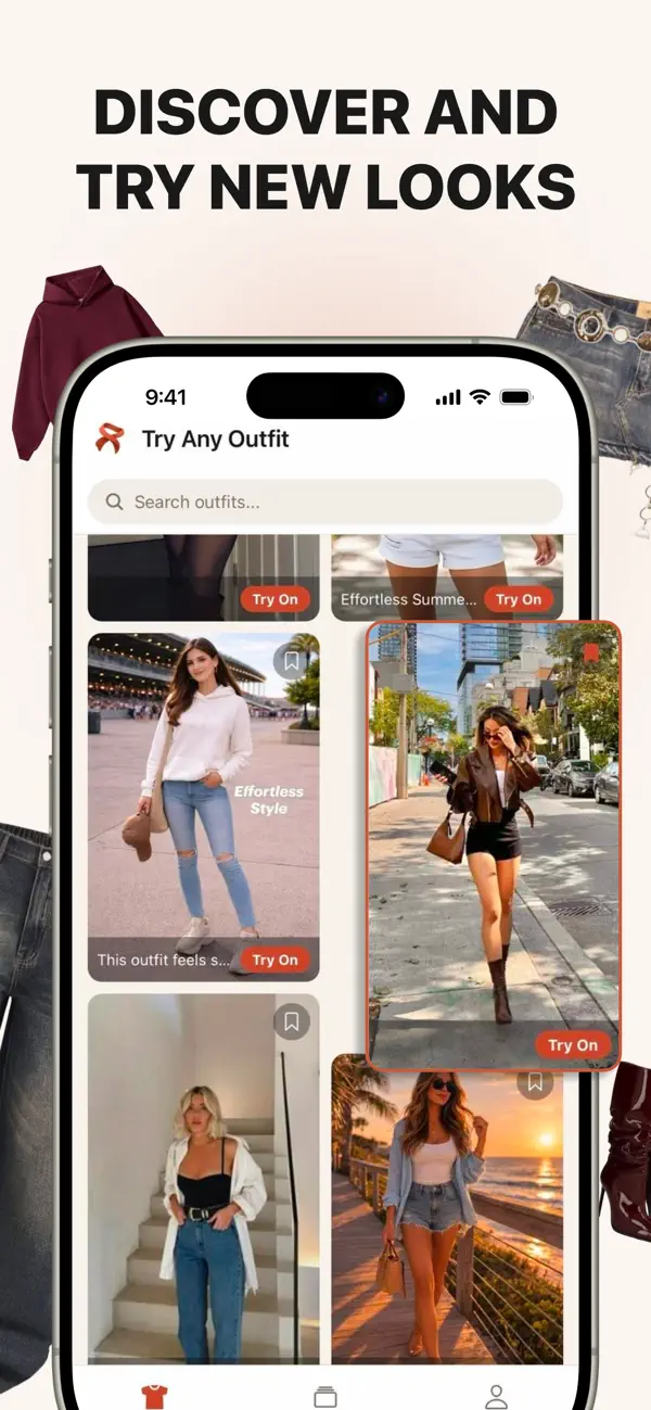 TryAnyOutfit inspiration feed with outfit photos and Try On controls