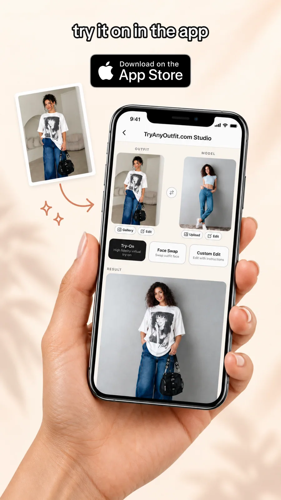 TryAnyOutfit Studio showing separate outfit and person images with the generated clothing result