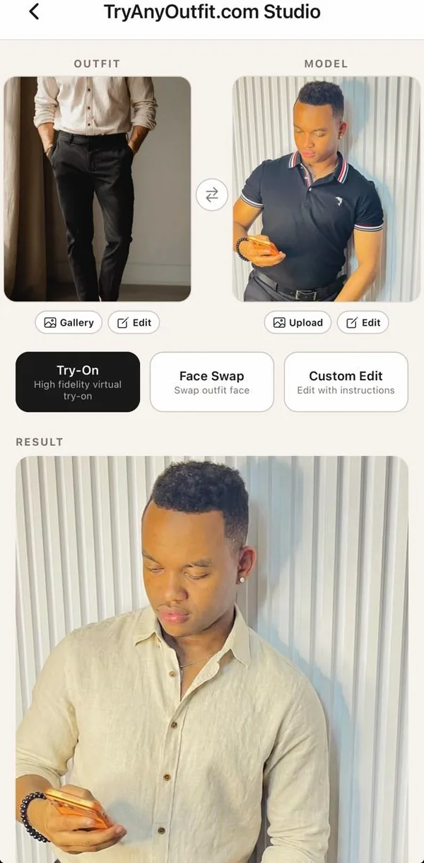 TryAnyOutfit Studio with separate garment and person photo inputs above the result