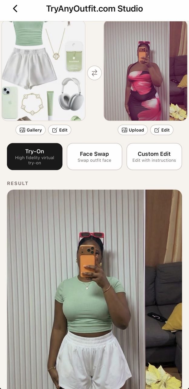 A completed TryAnyOutfit clothing preview on a personal photo